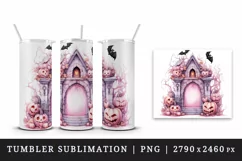 Watercolor Pink Halloween arch gate pumpkins castle house Jack-o-lantern 20 oz tumbler skinny mug wrap clipart t-shirt sublimation printable design