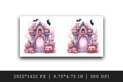 Watercolor Pink Halloween arch gate pumpkins castle house Jack-o-lantern 20 oz tumbler skinny mug wrap clipart t-shirt sublimation printable design