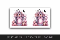 Watercolor Pink Halloween arch gate pumpkins castle house Jack-o-lantern 20 oz tumbler skinny mug wrap clipart t-shirt sublimation printable design