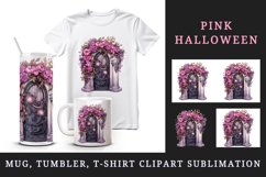 Watercolor Pink Halloween creaky door flowers autumn leaves 20 oz tumbler skinny mug wrap clipart t-shirt sublimation printable design