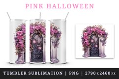 Watercolor Pink Halloween creaky door flowers autumn leaves 20 oz tumbler skinny mug wrap clipart t-shirt sublimation printable design