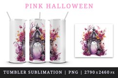 Watercolor Pink Halloween creaky door flowers roses autumn leaves 20 oz tumbler skinny mug wrap clipart t-shirt sublimation printable design