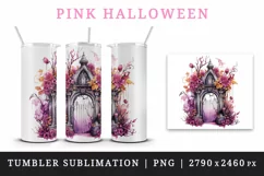 Watercolor Pink Halloween creaky door flowers roses autumn leaves 20 oz tumbler skinny mug wrap clipart t-shirt sublimation printable design