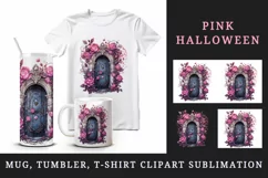 Watercolor Pink Halloween creaky door flowers roses autumn leaves 20 oz tumbler skinny mug wrap clipart t-shirt sublimation printable design