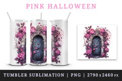 Watercolor Pink Halloween creaky door flowers roses autumn leaves 20 oz tumbler skinny mug wrap clipart t-shirt sublimation printable design