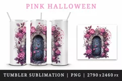 Watercolor Pink Halloween creaky door flowers roses autumn leaves 20 oz tumbler skinny mug wrap clipart t-shirt sublimation printable design
