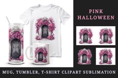 Watercolor Pink Halloween creaky door flowers roses autumn leaves 20 oz tumbler skinny mug wrap clipart t-shirt sublimation printable design