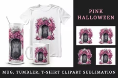 Watercolor Pink Halloween creaky door flowers roses autumn leaves 20 oz tumbler skinny mug wrap clipart t-shirt sublimation printable design