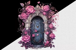 Watercolor Pink Halloween creaky door flowers roses autumn leaves 20 oz tumbler skinny mug wrap clipart t-shirt sublimation printable design
