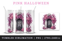 Watercolor Pink Halloween creaky door flowers roses autumn leaves 20 oz tumbler skinny mug wrap clipart t-shirt sublimation printable design