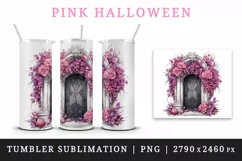 Watercolor Pink Halloween creaky door flowers roses autumn leaves 20 oz tumbler skinny mug wrap clipart t-shirt sublimation printable design