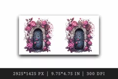 Watercolor Pink Halloween creaky door flowers roses autumn leaves 20 oz tumbler skinny mug wrap clipart t-shirt sublimation printable design