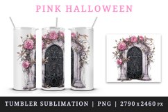 Watercolor Pink Halloween creaky door flowers roses autumn leaves 20 oz tumbler skinny mug wrap clipart t-shirt sublimation printable design
