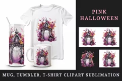 Watercolor Pink Halloween creaky door flowers roses autumn leaves 20 oz tumbler skinny mug wrap clipart t-shirt sublimation printable design