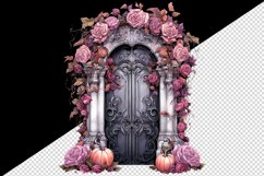 Watercolor Pink Halloween creaky door flowers roses pumpkins autumn leaves 20 oz tumbler skinny mug wrap clipart t-shirt sublimation printable design