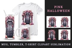 Watercolor Pink Halloween creaky door flowers roses pumpkins autumn leaves 20 oz tumbler skinny mug wrap clipart t-shirt sublimation printable design