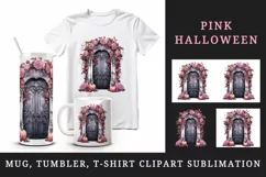 Watercolor Pink Halloween creaky door flowers roses pumpkins autumn leaves 20 oz tumbler skinny mug wrap clipart t-shirt sublimation printable design