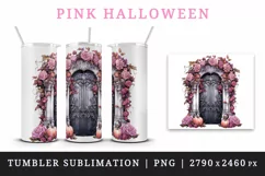Watercolor Pink Halloween creaky door flowers roses pumpkins autumn leaves 20 oz tumbler skinny mug wrap clipart t-shirt sublimation printable design