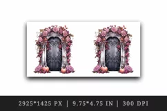 Watercolor Pink Halloween creaky door flowers roses pumpkins autumn leaves 20 oz tumbler skinny mug wrap clipart t-shirt sublimation printable design