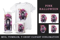 Watercolor Pink Halloween creaky door flowers roses skull autumn leaves 20 oz tumbler skinny mug wrap clipart t-shirt sublimation printable design