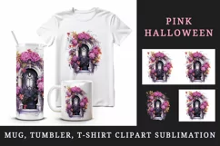 Watercolor Pink Halloween creaky door flowers roses skull autumn leaves 20 oz tumbler skinny mug wrap clipart t-shirt sublimation printable design