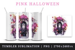 Watercolor Pink Halloween creaky door flowers roses skull autumn leaves 20 oz tumbler skinny mug wrap clipart t-shirt sublimation printable design