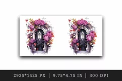 Watercolor Pink Halloween creaky door flowers roses skull autumn leaves 20 oz tumbler skinny mug wrap clipart t-shirt sublimation printable design
