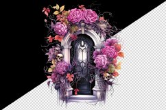 Watercolor Pink Halloween creaky door flowers roses skull autumn leaves 20 oz tumbler skinny mug wrap clipart t-shirt sublimation printable design