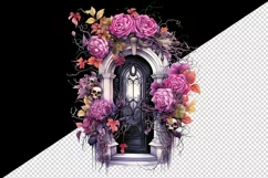 Watercolor Pink Halloween creaky door flowers roses skull autumn leaves 20 oz tumbler skinny mug wrap clipart t-shirt sublimation printable design