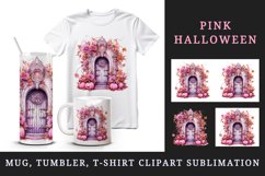 Watercolor Pink Halloween creaky door pumpkins carving flowers Jack-o-lantern 20 oz tumbler skinny mug wrap clipart t-shirt sublimation printable design