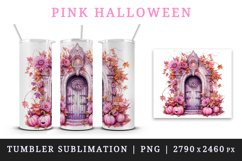 Watercolor Pink Halloween creaky door pumpkins carving flowers Jack-o-lantern 20 oz tumbler skinny mug wrap clipart t-shirt sublimation printable design