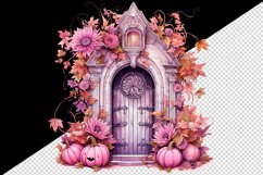 Watercolor Pink Halloween creaky door pumpkins carving flowers Jack-o-lantern 20 oz tumbler skinny mug wrap clipart t-shirt sublimation printable design