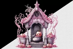 Watercolor Pink Halloween creaky door pumpkins carving house Jack-o-lantern 20 oz tumbler skinny mug wrap clipart t-shirt sublimation printable design