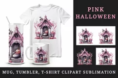 Watercolor Pink Halloween creaky door pumpkins carving house Jack-o-lantern 20 oz tumbler skinny mug wrap clipart t-shirt sublimation printable design