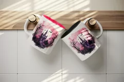 Watercolor Pink Halloween dark scary night forest horror moon bats spooky castle haunted house trees 20 oz tumbler skinny mug wrap clipart t-shirt sublimation printable design