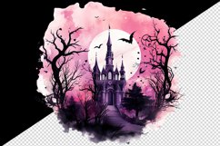 Watercolor Pink Halloween dark scary night forest horror moon bats spooky castle haunted house trees 20 oz tumbler skinny mug wrap clipart t-shirt sublimation printable design
