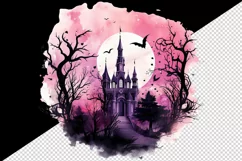 Watercolor Pink Halloween dark scary night forest horror moon bats spooky castle haunted house trees 20 oz tumbler skinny mug wrap clipart t-shirt sublimation printable design