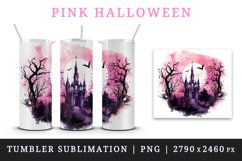 Watercolor Pink Halloween dark scary night forest horror moon bats spooky castle haunted house trees 20 oz tumbler skinny mug wrap clipart t-shirt sublimation printable design