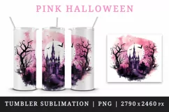 Watercolor Pink Halloween dark scary night forest horror moon bats spooky castle haunted house trees 20 oz tumbler skinny mug wrap clipart t-shirt sublimation printable design