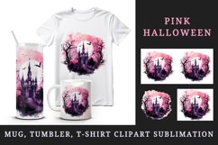 Watercolor Pink Halloween dark scary night forest horror moon bats spooky castle haunted house trees 20 oz tumbler skinny mug wrap clipart t-shirt sublimation printable design