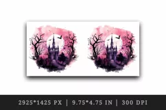 Watercolor Pink Halloween dark scary night forest horror moon bats spooky castle haunted house trees 20 oz tumbler skinny mug wrap clipart t-shirt sublimation printable design