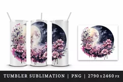 Watercolor Pink Halloween dark scary night full moon flowers roses 20 oz tumbler skinny mug wrap clipart t-shirt sublimation printable design