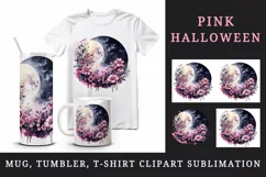 Watercolor Pink Halloween dark scary night full moon flowers roses 20 oz tumbler skinny mug wrap clipart t-shirt sublimation printable design
