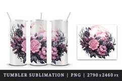 Watercolor Pink Halloween dark scary night full moon flowers roses 20 oz tumbler skinny mug wrap clipart t-shirt sublimation printable design