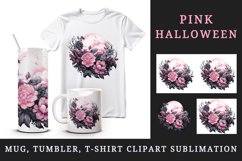 Watercolor Pink Halloween dark scary night full moon flowers roses 20 oz tumbler skinny mug wrap clipart t-shirt sublimation printable design