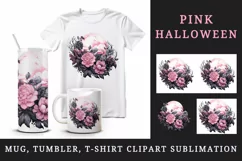 Watercolor Pink Halloween dark scary night full moon flowers roses 20 oz tumbler skinny mug wrap clipart t-shirt sublimation printable design