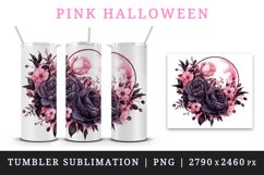 Watercolor Pink Halloween dark scary night moon flowers roses 20 oz tumbler skinny mug wrap clipart t-shirt sublimation printable design