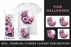 Watercolor Pink Halloween dark scary night moon flowers roses 20 oz tumbler skinny mug wrap clipart t-shirt sublimation printable design