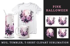 Watercolor Pink Halloween dark scary night moon flowers roses 20 oz tumbler skinny mug wrap clipart t-shirt sublimation printable design