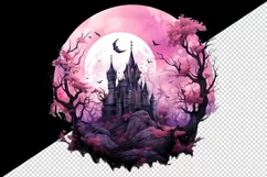 Watercolor Pink Halloween dark scary night moon spooky castle haunted house 20oz tumbler skinny mug wrap clipart t-shirt sublimation printable design